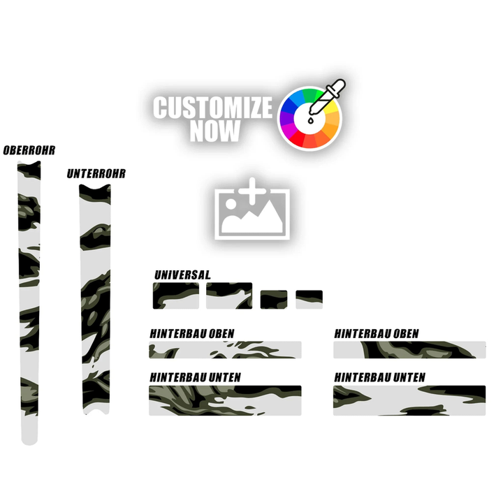 Custom Frameguard Sticker Set i Tiger Camo design til cykelramme-beskyttelse.