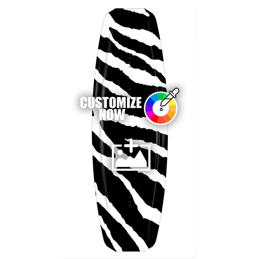 Wakeboard-Folierung mit schwarzem und weißem Zebra-Muster, "CUSTOMIZE NOW" Text und Farbauswahl-Symbol.