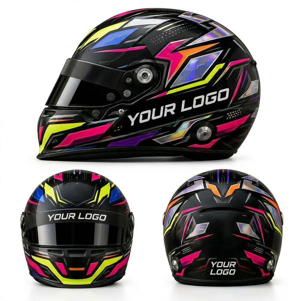Schwarzer Integralhelm mit anpassbarem 01X Performance Sticker-Kit in Neonfarben und reflektierenden Designelementen.
