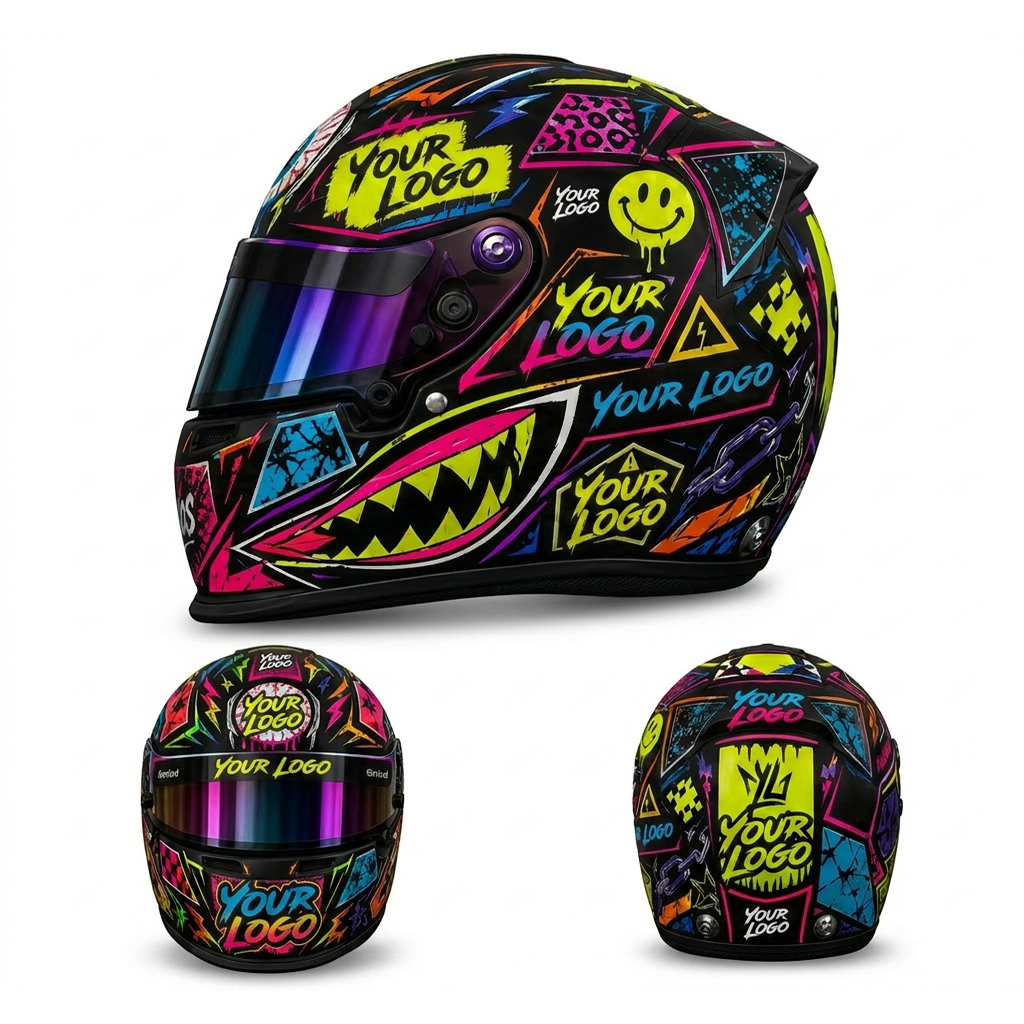 Helm mit buntem Sticker-Bomb-Design in Neonfarben, Comic-Grafiken und anpassbaren Logos auf schwarzer 3D-Folie.