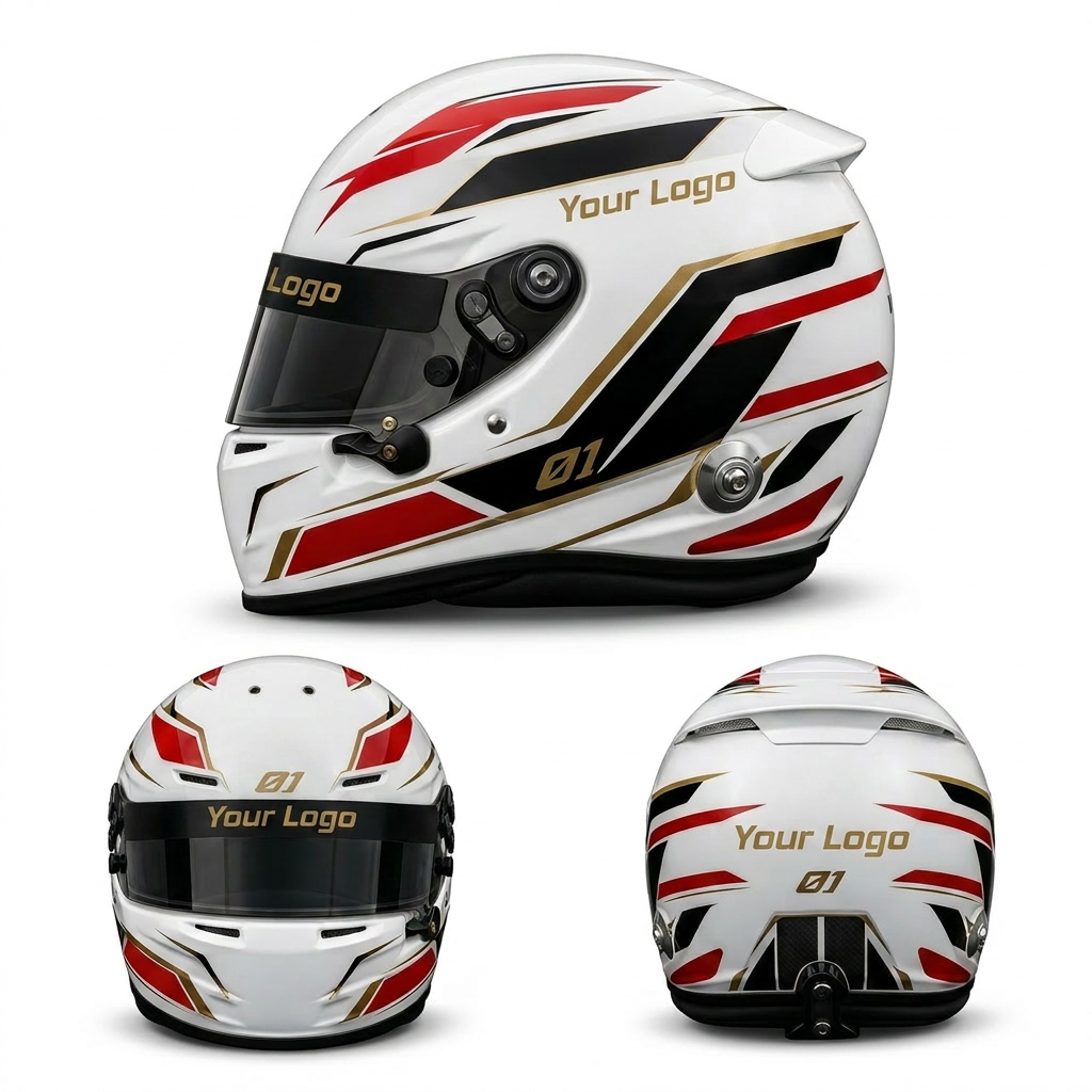 Weißer Integralhelm mit anpassbarem Clean Stripes Aufkleber-Kit in Rot, Schwarz und Gold inklusive Startnummer und Logo.