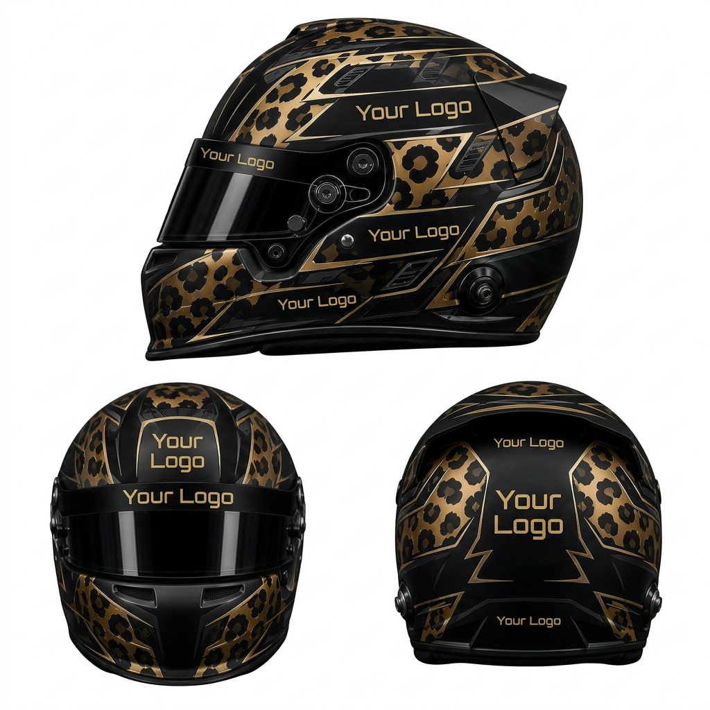 Anpassbares Helm-Aufkleber-Kit mit goldenem Leopardenmuster auf mattschwarzer Premium-Folie für Rennhelme.