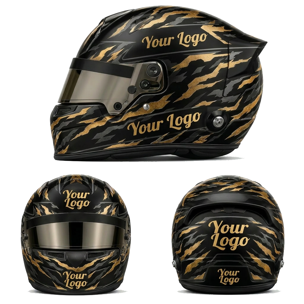 Schwarzer Rennhelm mit goldenem Tiger-Lines-Design, anpassbaren Logo-Flächen und glänzendem Schutzlaminat.