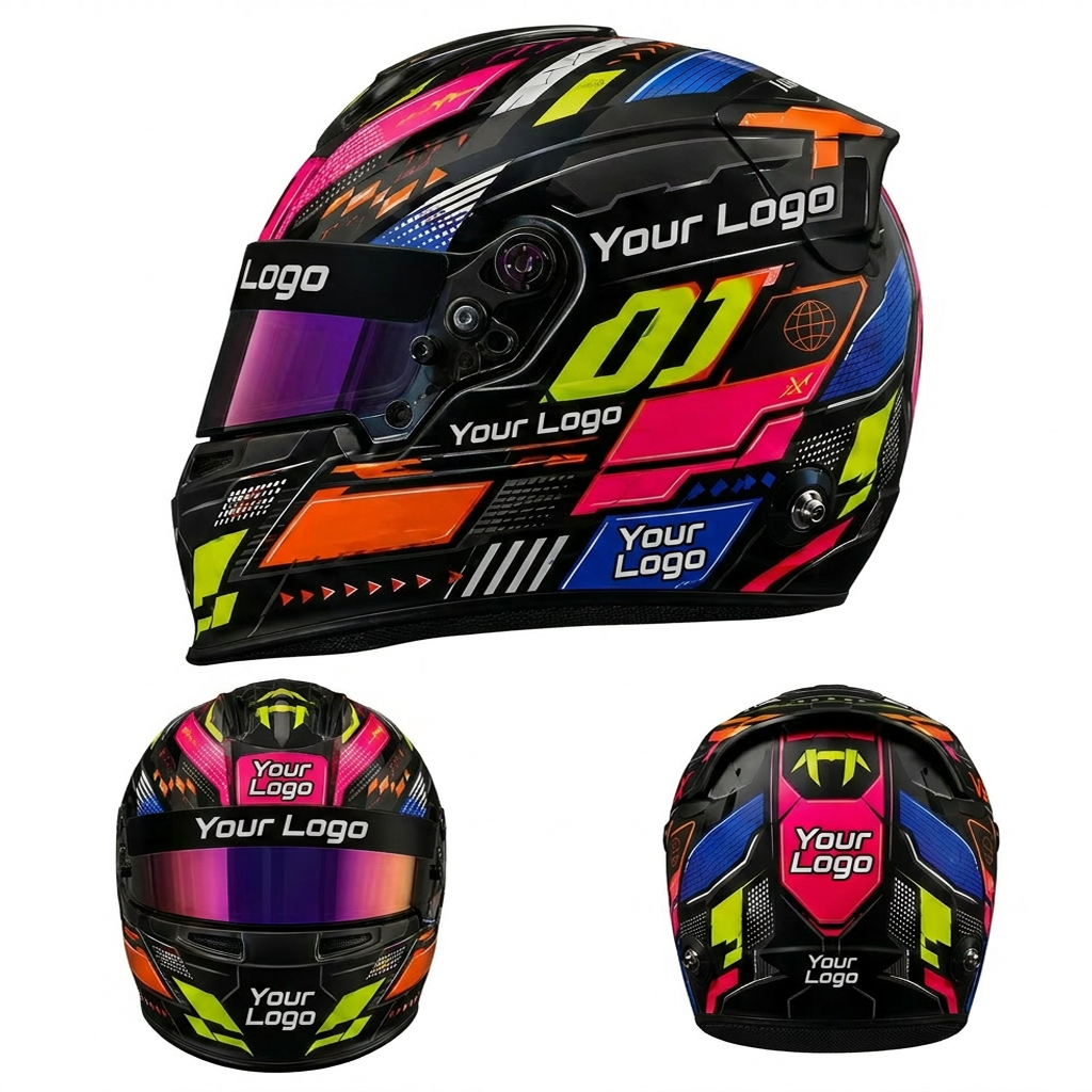 VELX Race Division Helm-Aufkleber-Kit mit neonfarbenen geometrischen Mustern, Startnummer 01 und anpassbaren Logo-Flächen.