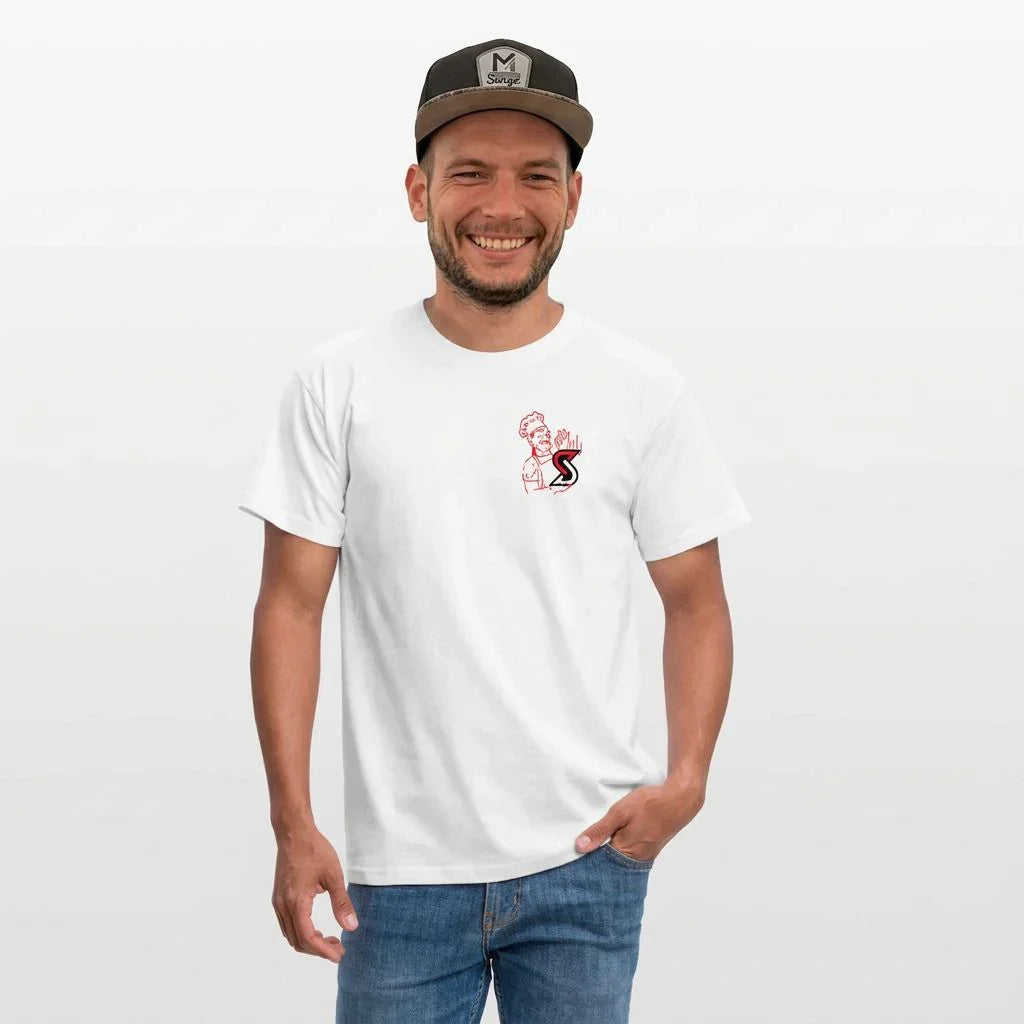 Man wearing white cotton t-shirt with small red chef and 