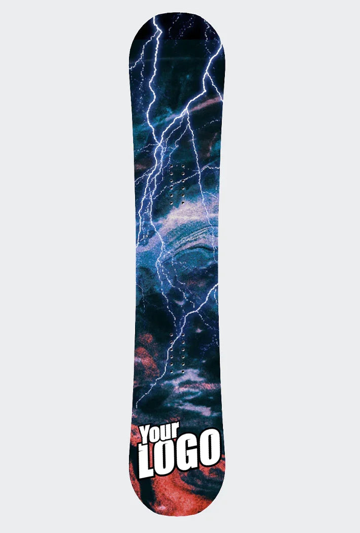 Custom Snowboard Sticker "Lightning Blue" mit blauen Blitzen, dunklem Hintergrund und rotem Bereich für "Your Logo".