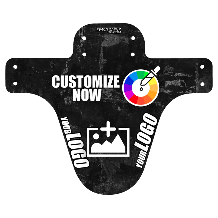 Tilpasseligt sort Gravel-mudguard med “Customize Now”-tekst, farvevælger og logo-upload-symbol.