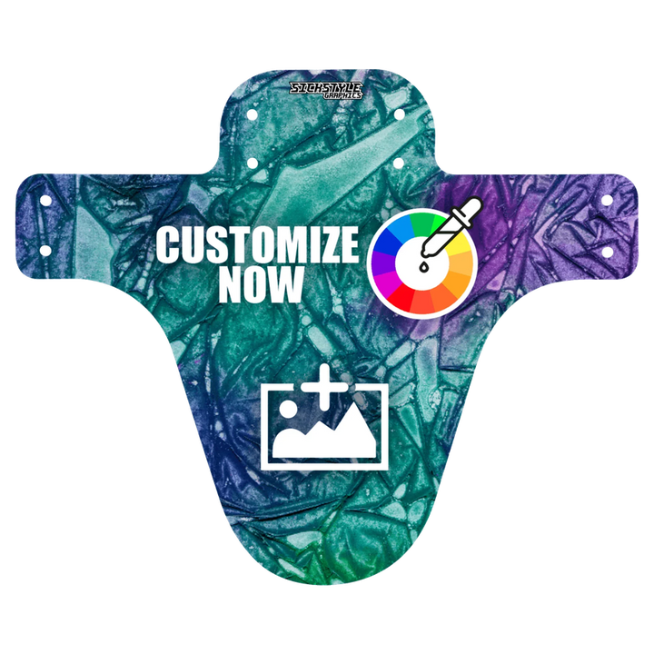 Tilpasseligt mudguard med Frozen Ink-design, farvepalet og upload-mulighed.