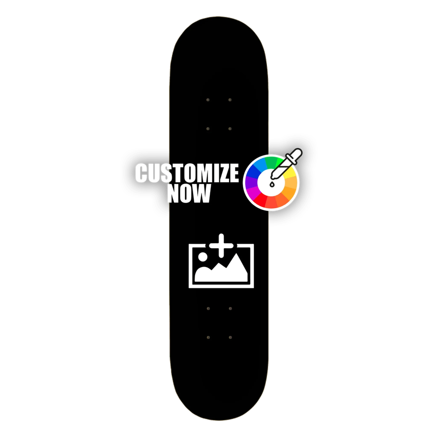Schwarzes Skateboard-Deck mit "CUSTOMIZE NOW" Text, Pipette und Bild-Upload-Symbol.