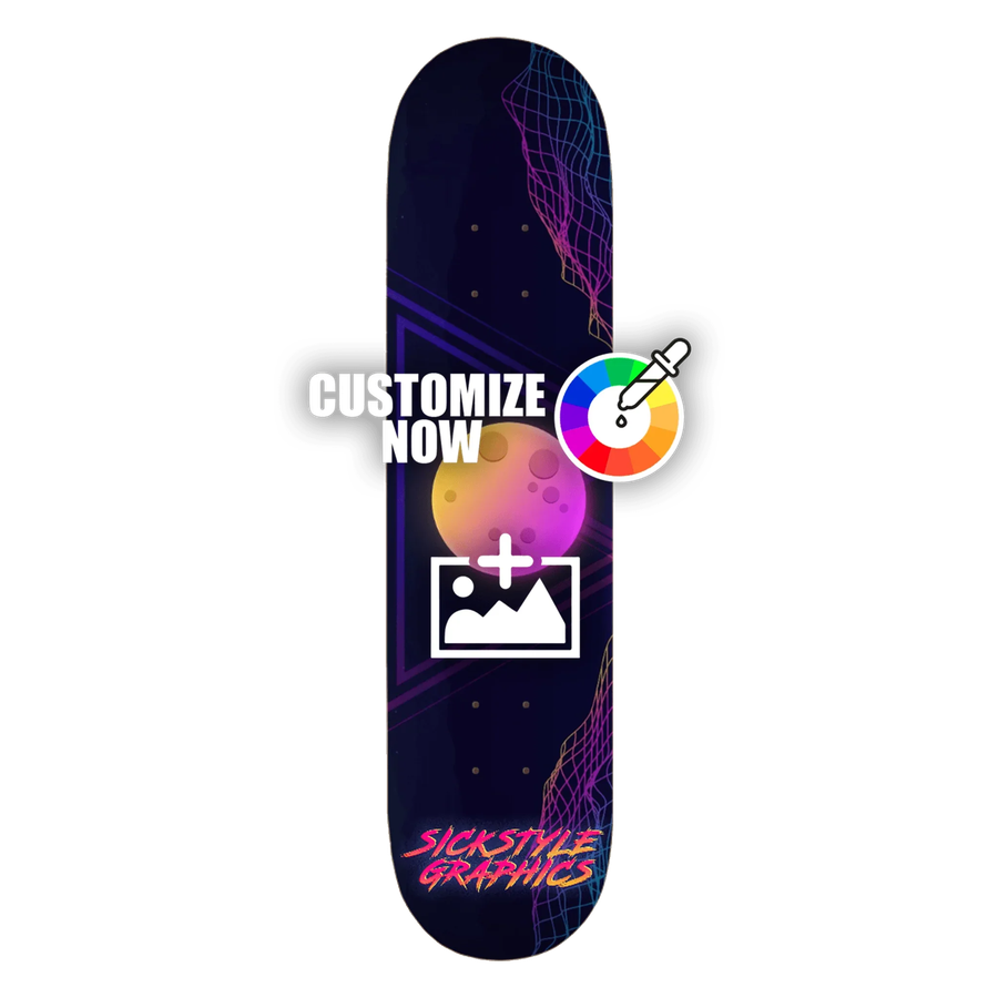 Dunkles Skateboard-Deck mit 80er-Jahre-Neon-Design, Mond und Gittermuster, anpassbar.