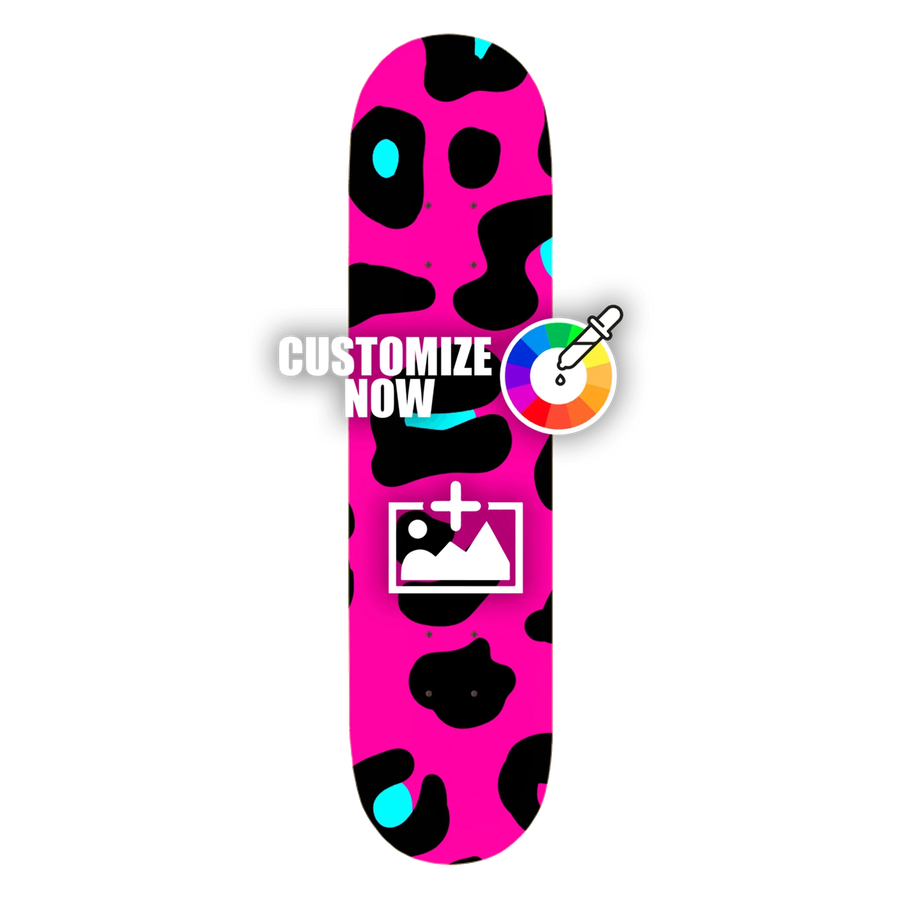 Anpassbarer Skateboard-Sticker mit leuchtend pinkem Leopardenmuster, schwarzen Flecken und türkisen Akzenten.