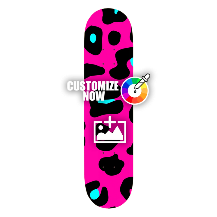 Tilpasselig skateboard-sticker med lysende pink leopardmønster, sorte pletter og turkise accenter.