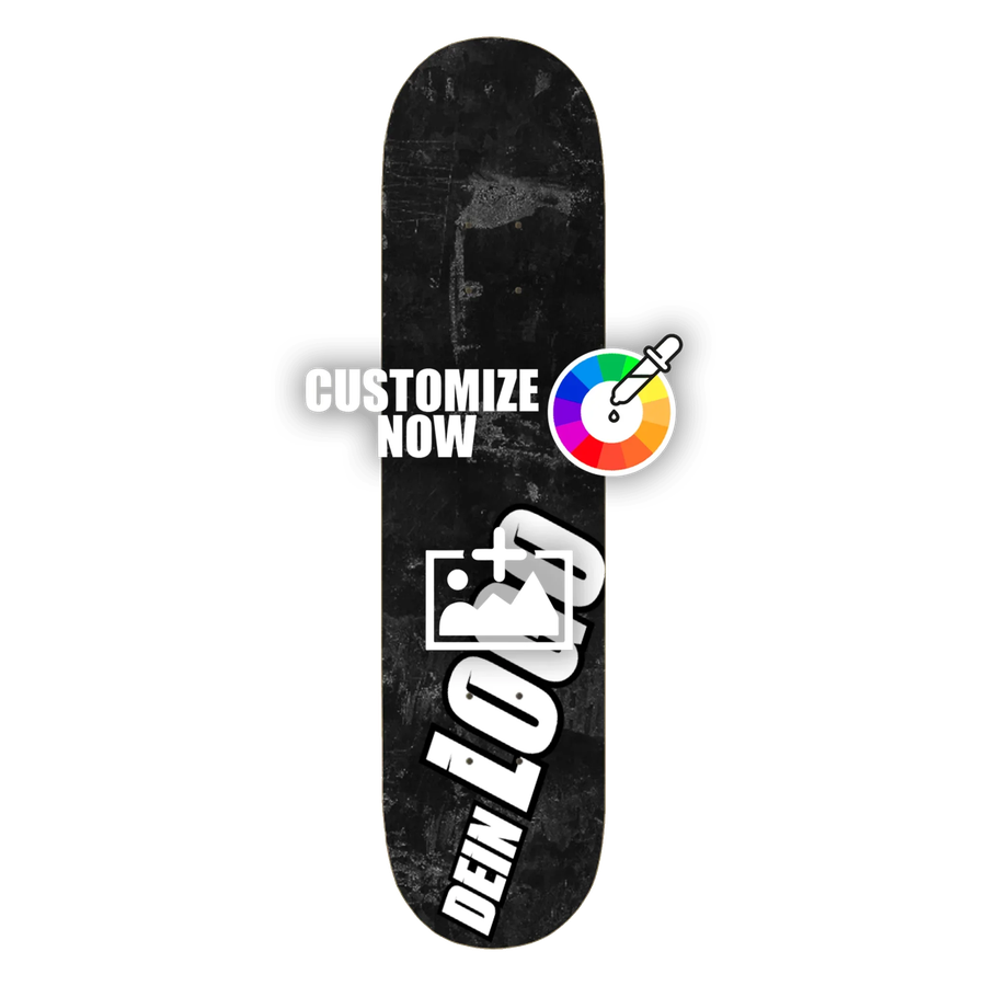 Schwarzes Skateboard-Deck mit "Gravel" Asphalt-Look, weißem "DEIN LOGO" Schriftzug und Anpassungsoptionen.