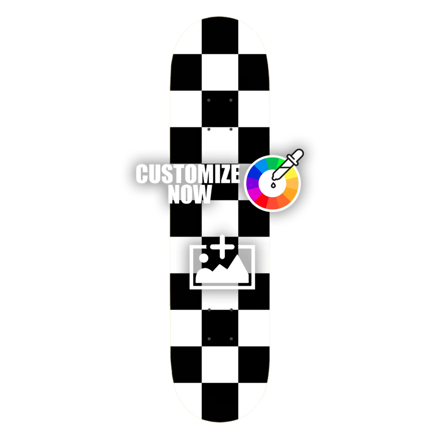 Anpassbarer Skateboard-Sticker mit klassischem schwarz-weißem Schachbrettmuster und Anpassungsoptionen.