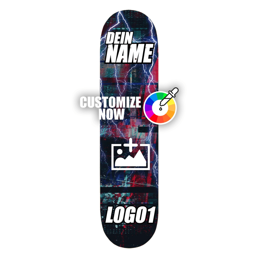 Custom Skateboard Sticker mit verzerrtem roten Design, Blitzen, Textfeldern "DEIN NAME" und "LOGO1" und Anpassungsoptionen.