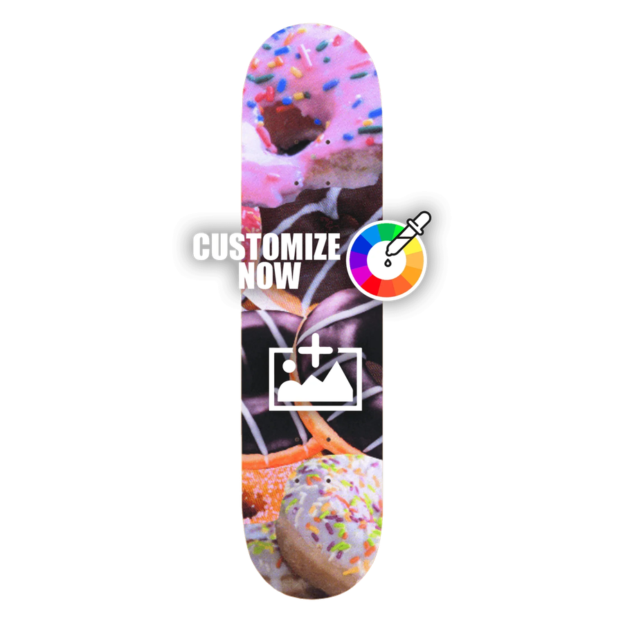 Custom Skateboard Sticker mit bunten Donuts, pinkem Zuckerguss und Streuseln.