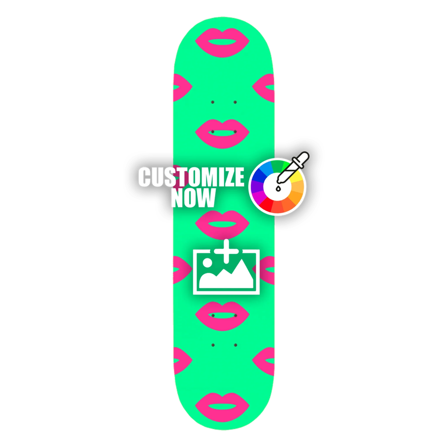 Skateboard-Sticker mit poppigem Kiss-Design in Pink auf mintgrünem Hintergrund, mit Anpassungsoptionen.