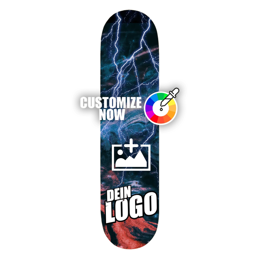 Skateboard-Sticker mit blau-rotem Blitz-Design und Anpassungsoptionen für Logo und Farben.