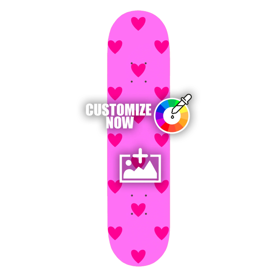 Pinkes Skateboard-Sticker-Design "Love" mit vielen dunkelrosa Herzen, anpassbar.