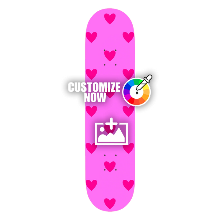 Pink skateboard-sticker-design “Love” med mange mørkrosa hjerter, tilpasseligt.