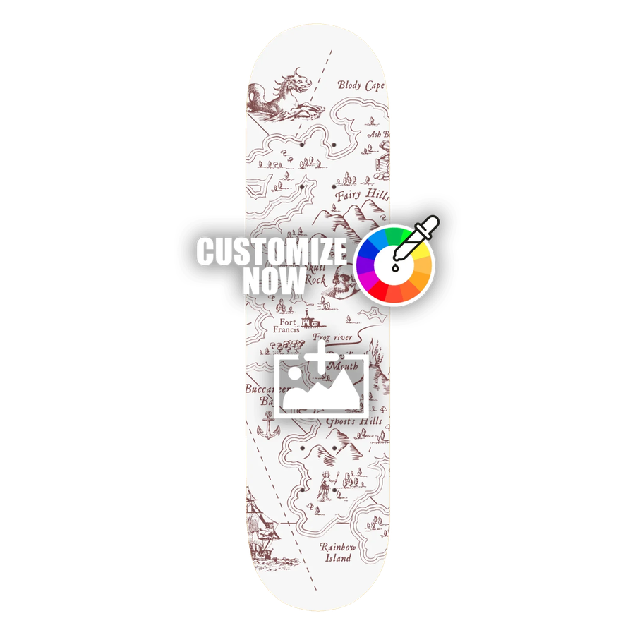 Weißes Skateboard-Sticker mit braunem, anpassbarem Karten-Design und "Customize Now"-Overlay.