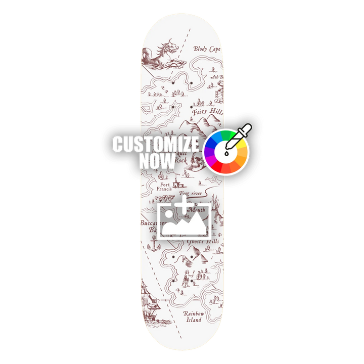 Hvidt skateboard-klistermærke med brunt, tilpasseligt kort-design og “Customize Now”-overlay.