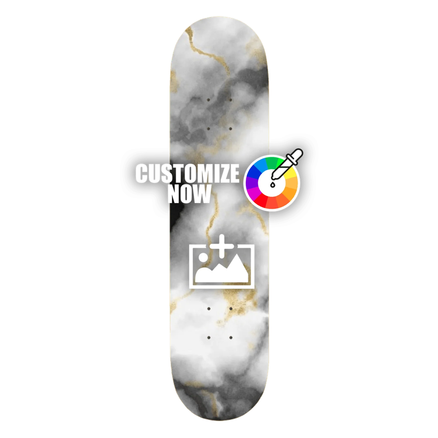 Custom Skateboard Sticker mit edlem schwarz-weißem Marmor-Design und goldenen Akzenten.