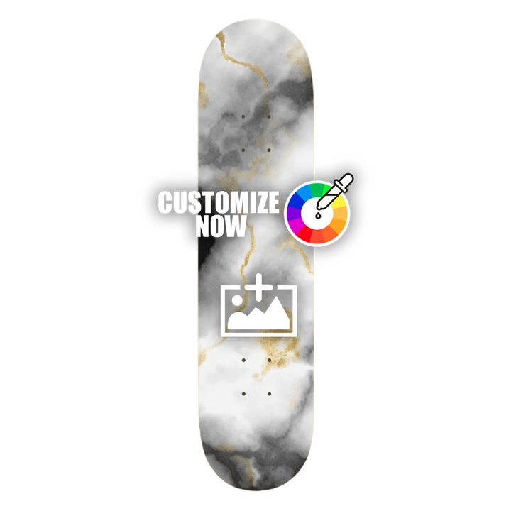 Custom Skateboard Sticker med elegant sort-hvidt marmor-design og guldne accenter.