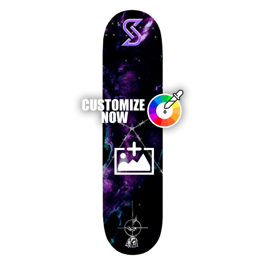 Custom Skateboard Sticker "Miley" mit lila-chrom Galaxie-Design und Anpassungsoptionen.