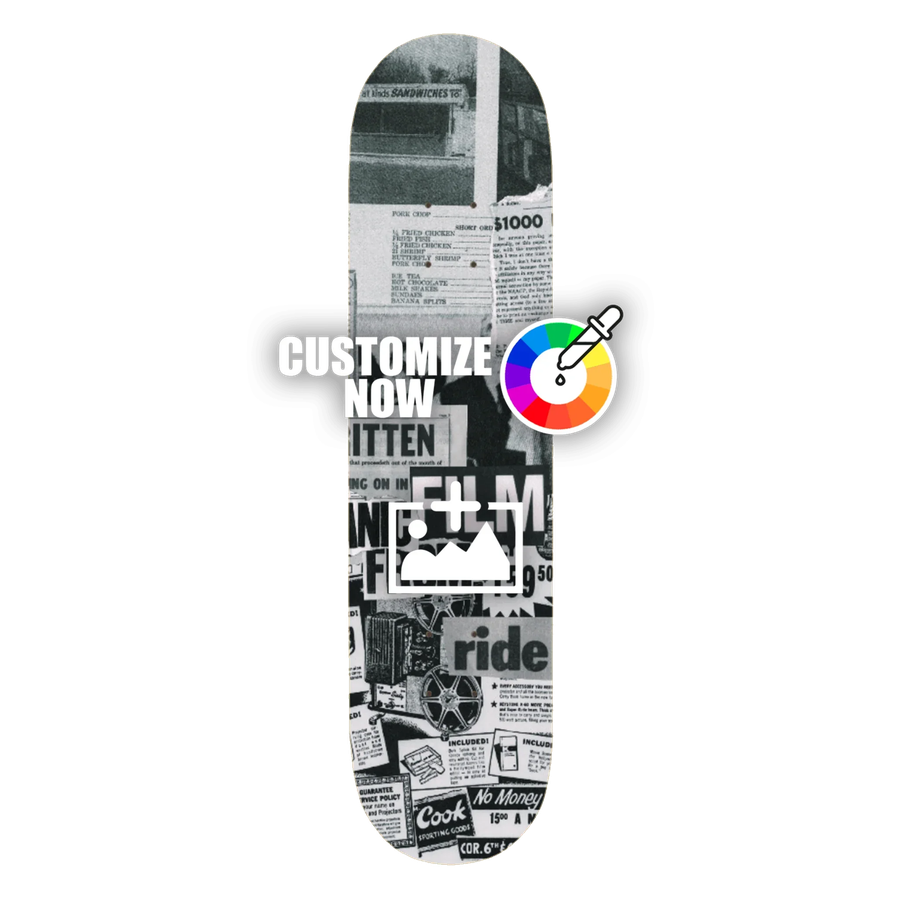Skateboard-Sticker mit Zeitungsmuster, Schwarz-Weiß-Design. Anpassungsoptionen für Logos und Grafiken.