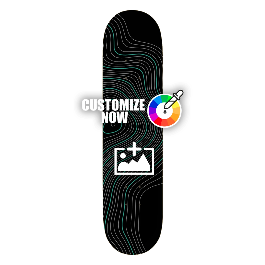 Schwarzer Skateboard-Sticker mit grünen Topografie-Linien, anpassbar mit Logos und Farben.