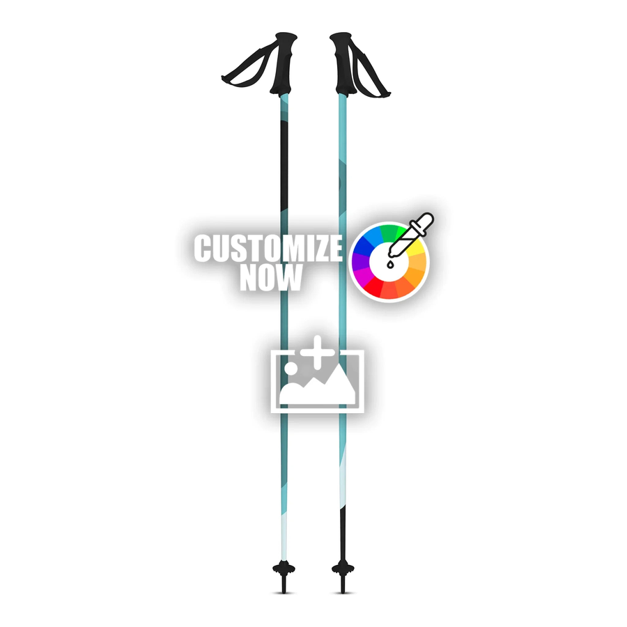 Customizable ski pole stickers with a blue and black Camo 78 design, featuring customization icons.