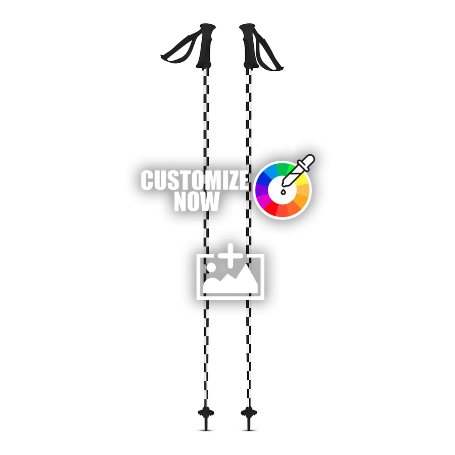 Anpassbare Ski-Stock-Sticker mit Checkerboard-Muster, Farbwähler und Upload-Option für Logos.