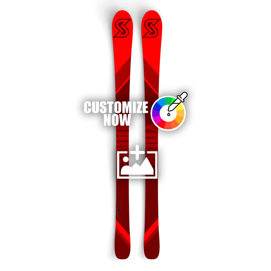 Rote Ski mit anpassbaren Speed Lines Design und Logo-Upload-Option.