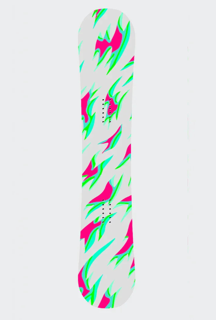 Graues Snowboard mit leuchtend pinken, türkisen und grünen Flakes-Mustern für ein winterliches Design.