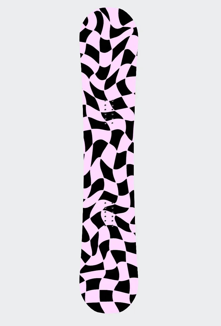 Snowboard mit Psycho Checkerboard Design: verzerrtes, pink-schwarzes Schachbrettmuster.