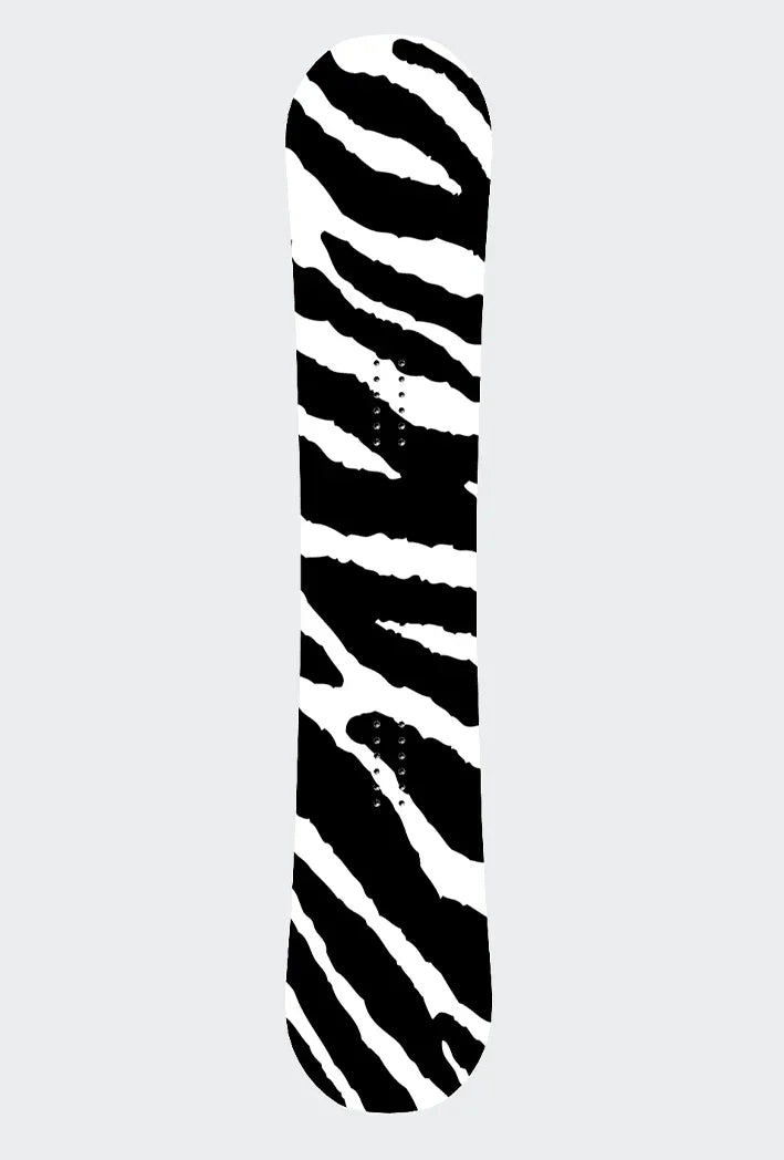 Schwarzer und weißer Snowboard-Sticker mit auffälligem Zebra-Muster.