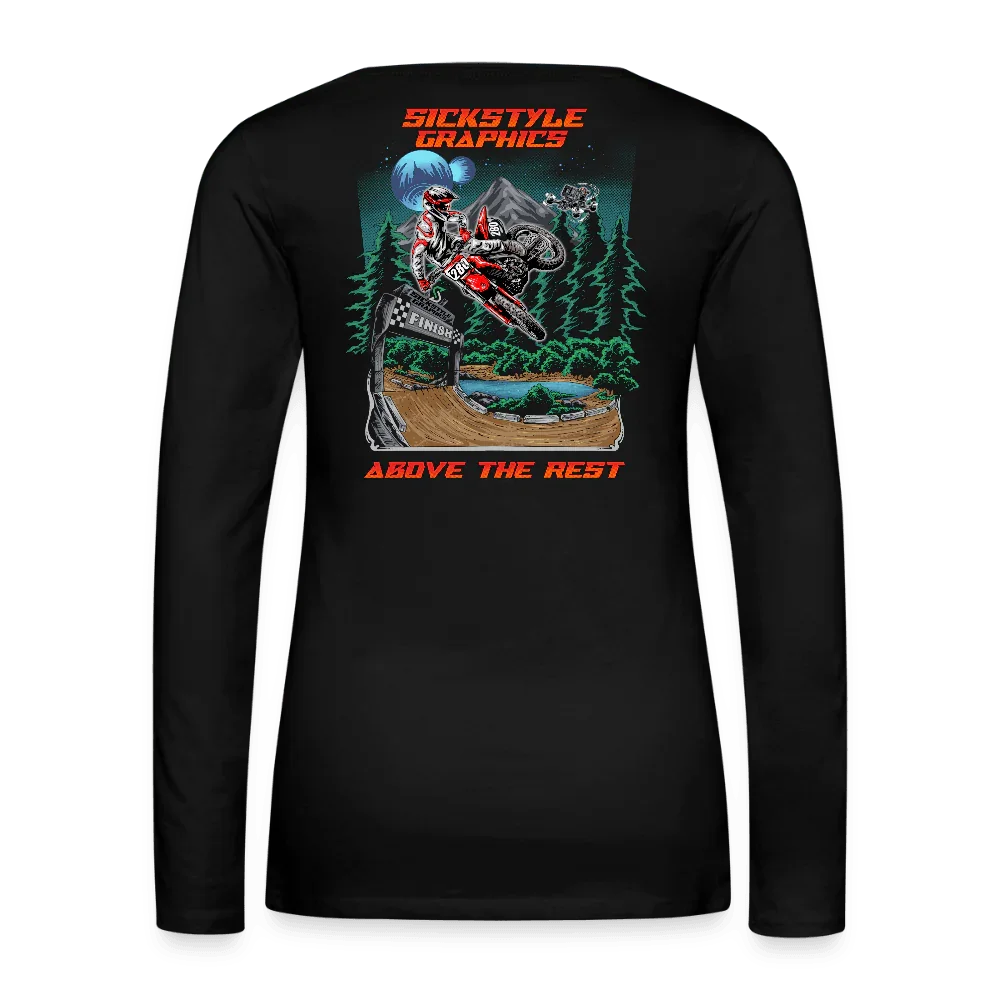 Maglietta nera a maniche lunghe da donna con grafica Motocross, bosco, montagne e luna piena.
