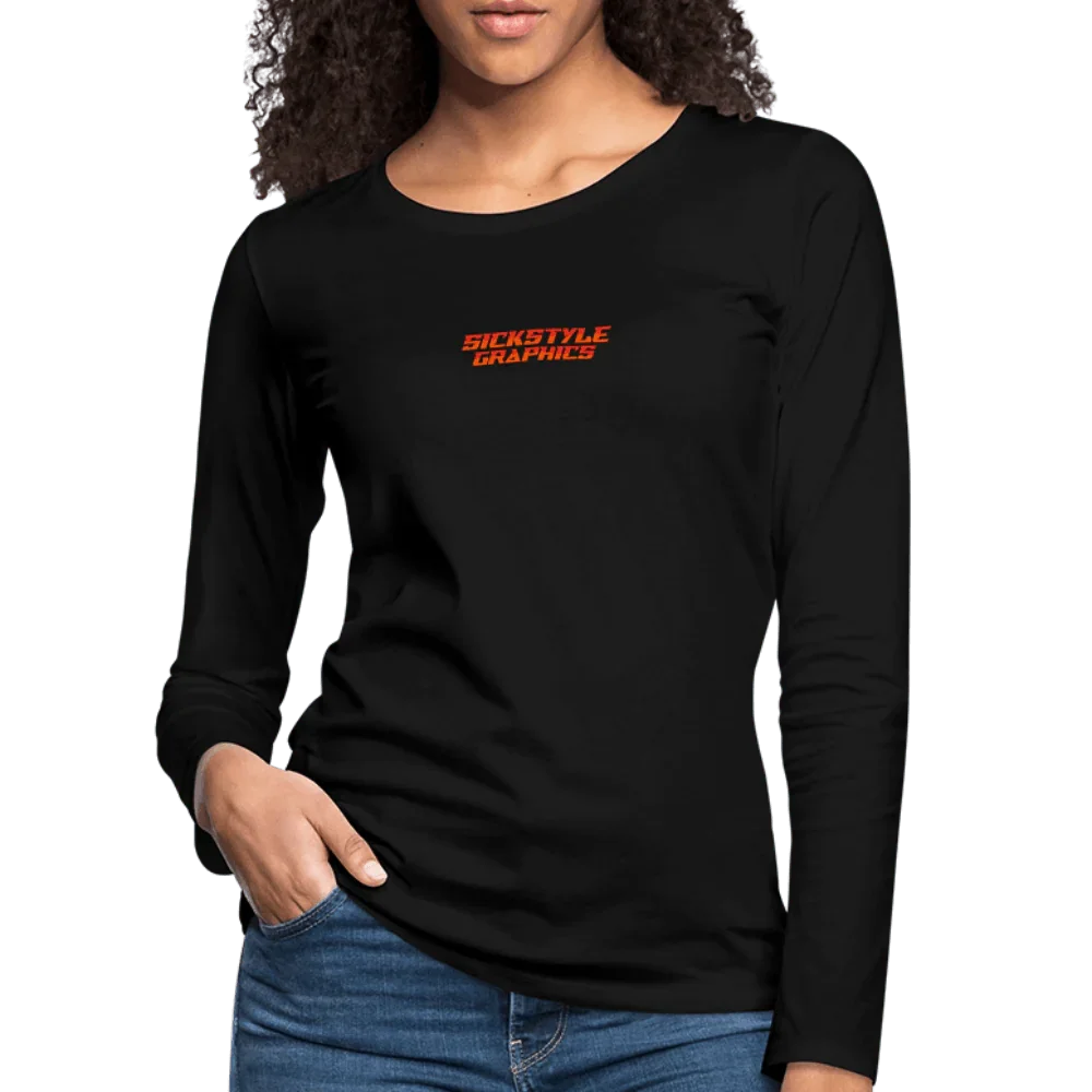 Maglietta nera a maniche lunghe da donna in cotone con stampa rossa “SICKSTYLE GRAPHICS”.