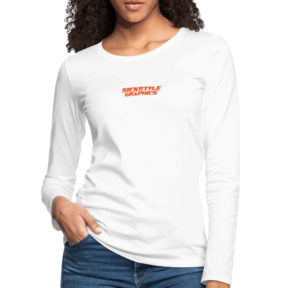 Maglietta a maniche lunghe da donna bianca con logo “SICKSTYLE GRAPHICS” rosso, 100% cotone.