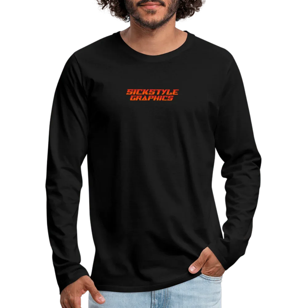 Svart herrlangarmsshirt med rött “Sickstyle Graphics” tryck, 100% bomull.