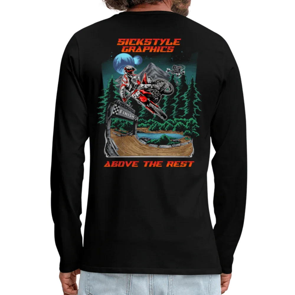 Svart herrlangarmsshirt med “Above the Rest” motocross-design och “Sickstyle Graphics” text.