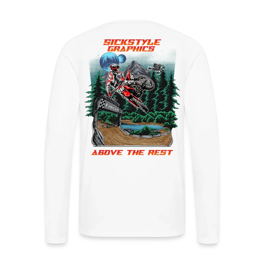 Vit herrlangarmsshirt med “Above the Rest” motocross-design och “Sickstyle Graphics” text.