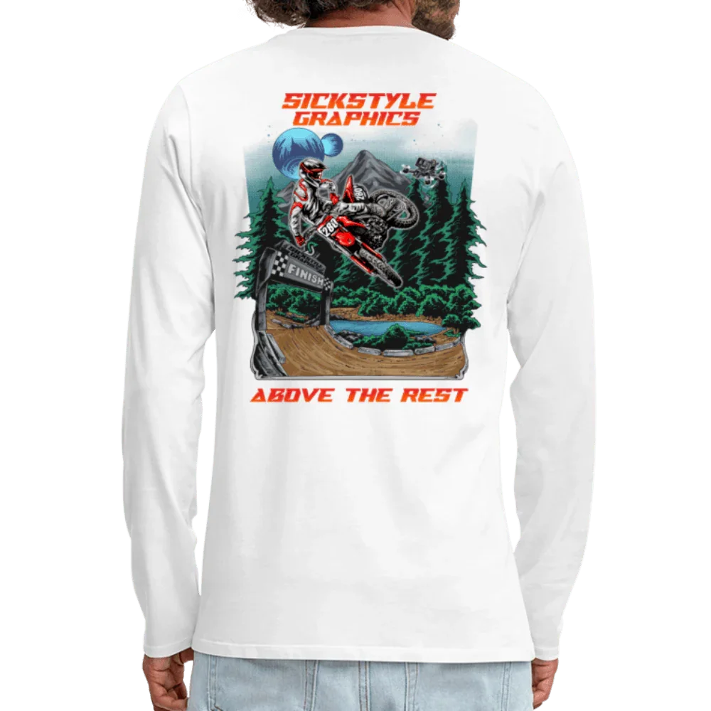 Vit premiumlångärmad tröja med färgglatt motocross-design “Above the Rest” på ryggen.