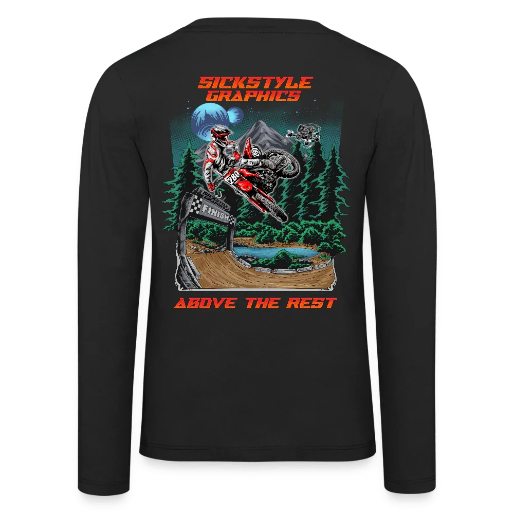 Camiseta negra de manga larga para niños de algodón con diseño Motocross “Above the Rest” y logo Sickstyle Graphics.