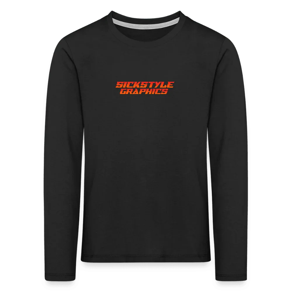 Camiseta negra de manga larga para niños de algodón con logo “SICKSTYLE GRAPHICS” en naranja.