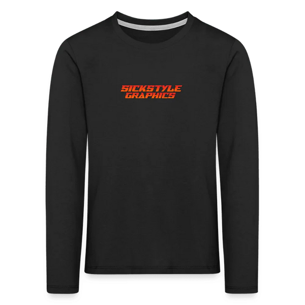 Schwarzes Kinder Langarmshirt aus Baumwolle mit orangefarbenem “SICKSTYLE GRAPHICS” Logo.