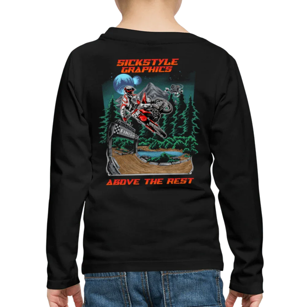 Camiseta negra de manga larga para niños de algodón con motociclista de motocross y gráfico “Above the Rest”.