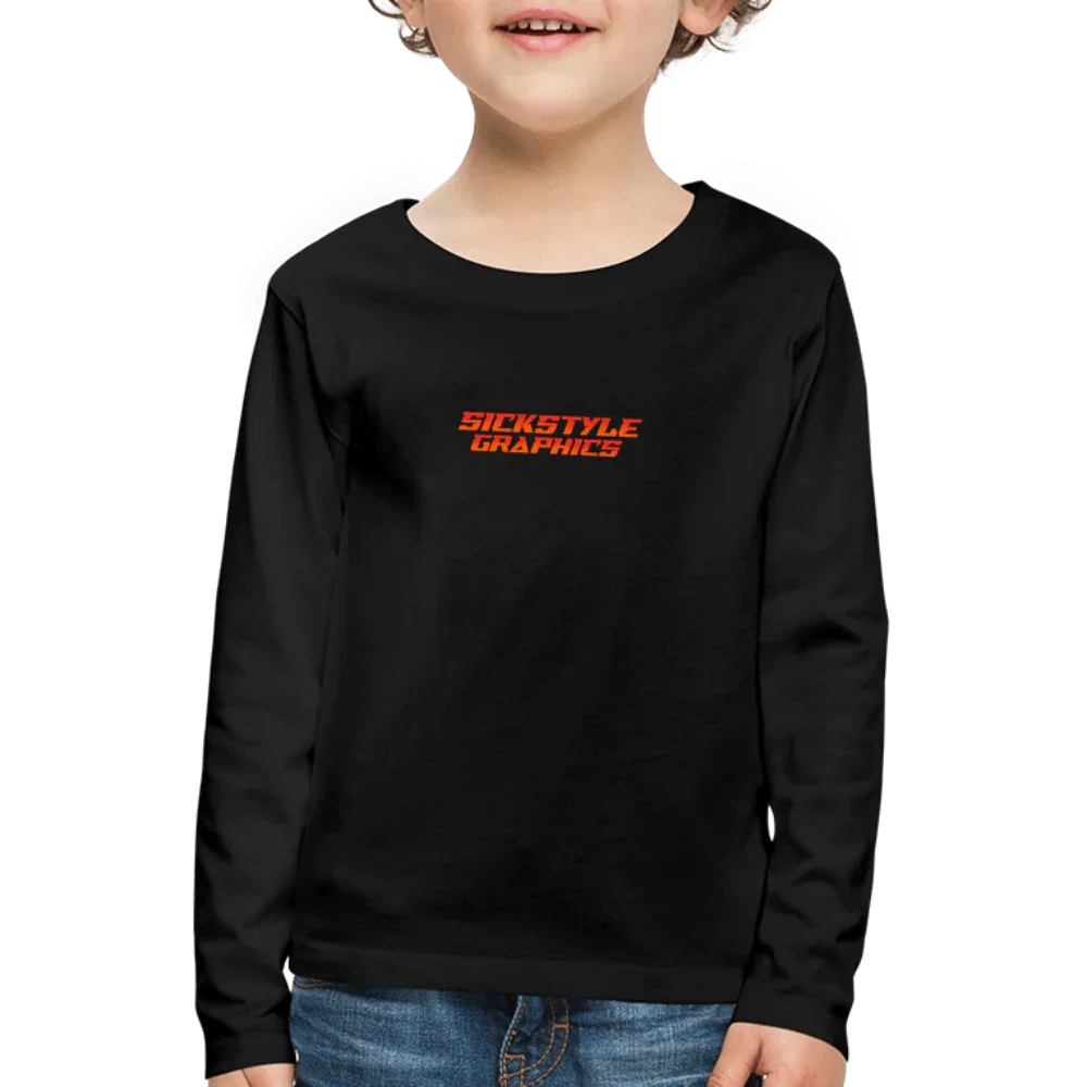 Camiseta negra de manga larga para niños de algodón con estampado rojo “SICKSTYLE GRAPHICS”.