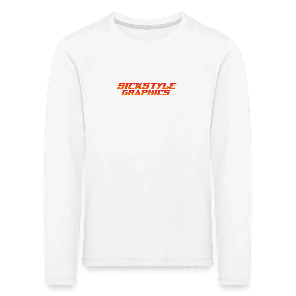 Camiseta blanca de manga larga para niños de algodón con logo “SICKSTYLE GRAPHICS” naranja en el pecho.